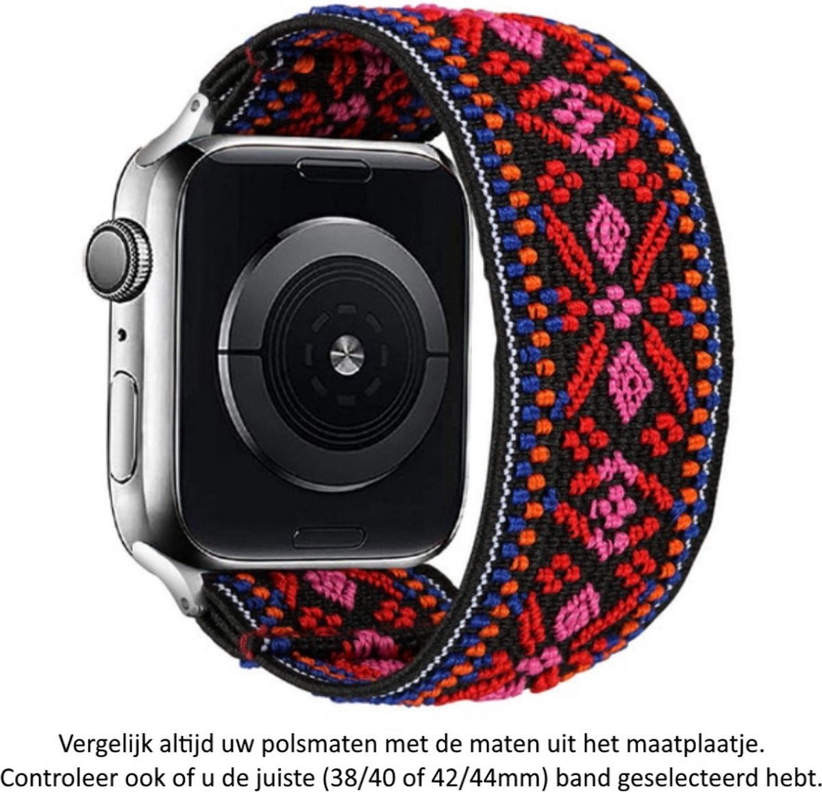 Zwart Rood Blauw Elastische Nylon Horloge Band met borduurpatronen geschikt voor Apple Watch 1, 2, 3, 4, 5, 6, 7, 8, SE, 42mm, 44mm & 45mm "Mannenbreedte" Series – Maat: zie maatfoto - Zacht Geweven Nylon - 42 mm, 44 mm en 45 mm