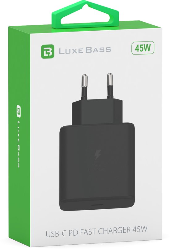 Emballage du chargeur rapide Luxe Bass USB-C PD 45W noir avec prise européenne.