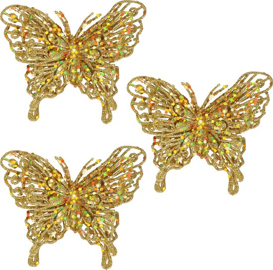 Kerstboom vlinders op clip 11 cm goud glitter 3x stuks kunststof
