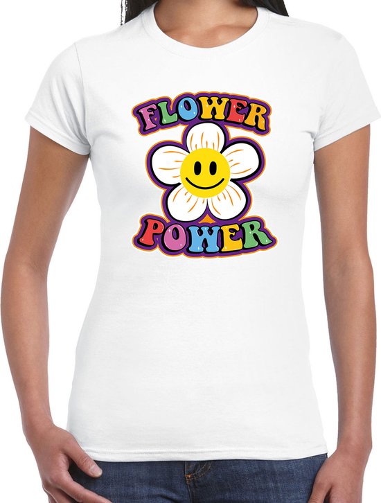 Toppers Jaren 60 Flower Power verkleed shirt wit met emoticon bloem dames - Sixties/jaren 60 kleding XXL