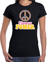 Toppers Jaren 60 Flower Power verkleed shirt zwart met roze en geel letters dames - Sixties/jaren 60 kleding XL