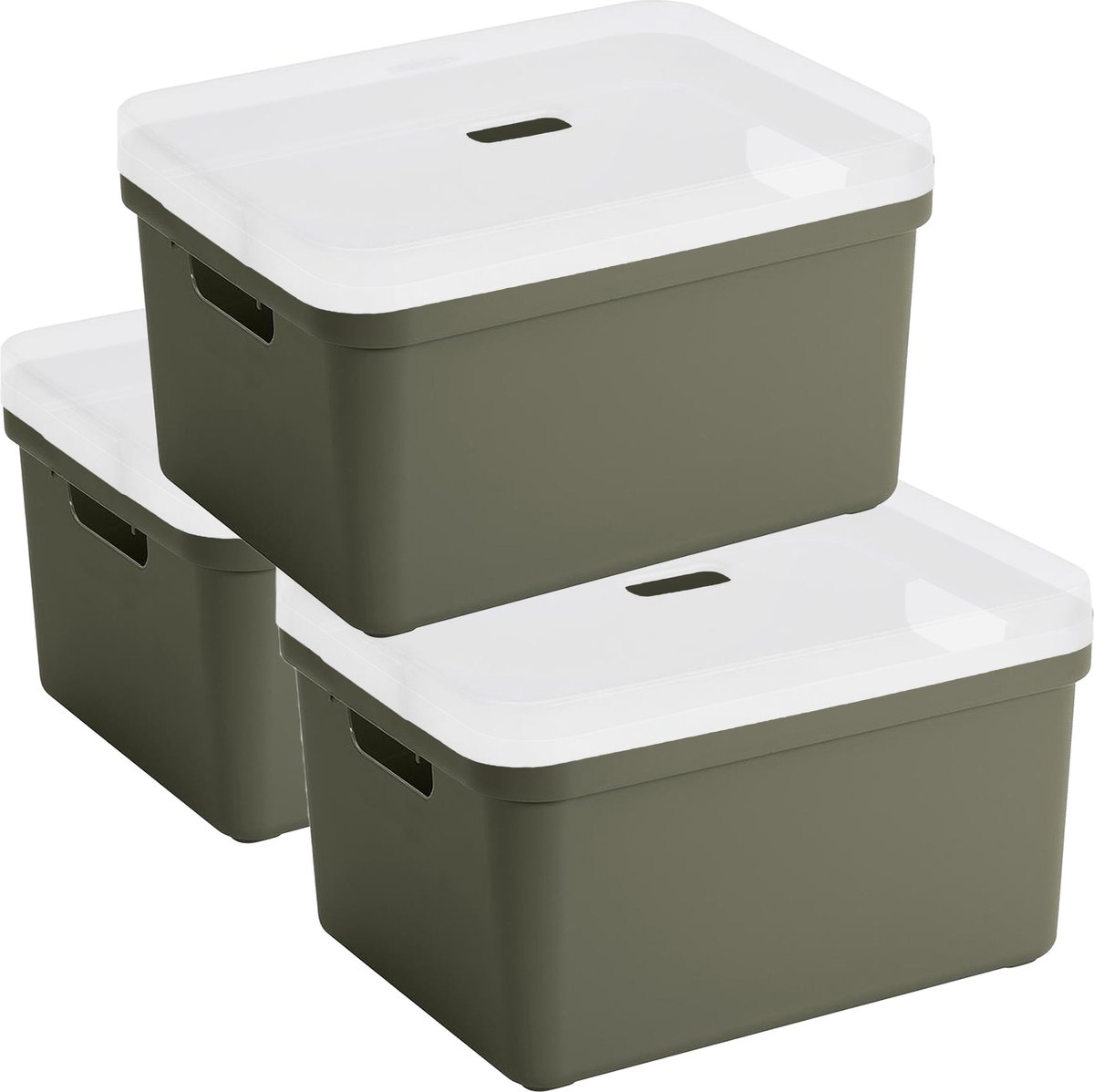 3x Sunware opbergbox/mand/kist van 32 liter donkergroen kunststof met transparante deksel - 45 x 35 x 24 cm