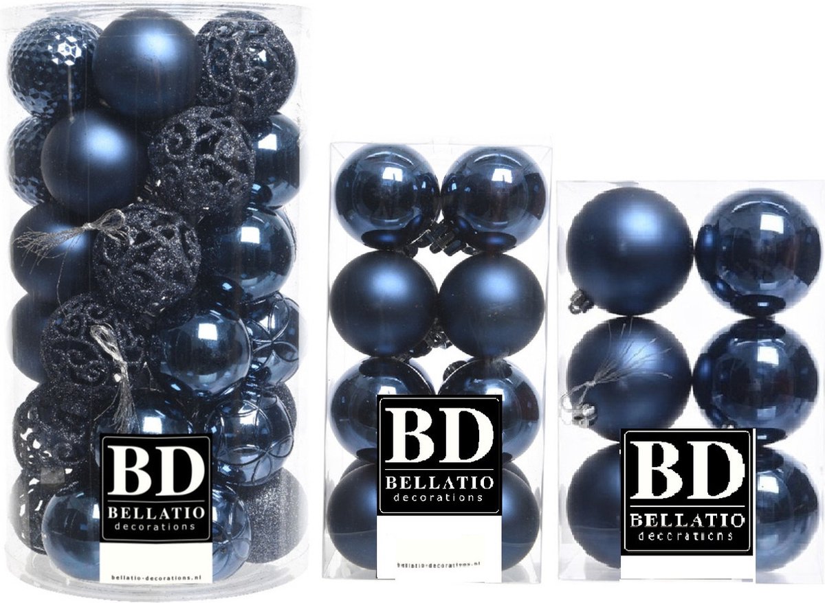 59x stuks kunststof kerstballen donkerblauw 4, 6 en 8 cm mix - Kerstversiering/kerstboomversiering