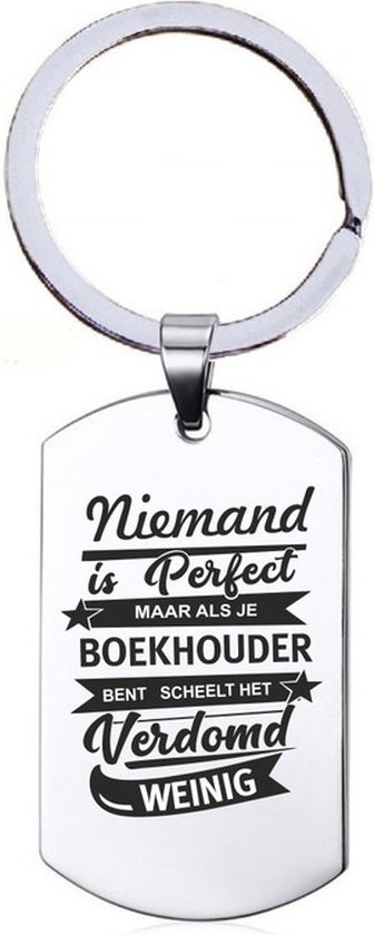 Porte-clés médaille de chien argenté avec texte : 'Personne n'est parfait, mais si vous êtes comptable, cela fait une sacrée différence'.