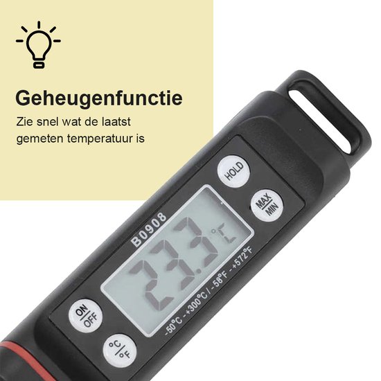 Digitale vleesthermometer tot 300 graden zwart - kernthermometer - bbq thermometer - bbq accesoires - suikerthermometer - vlees - oventhermometer - keuken - draadloos - Merkloos
