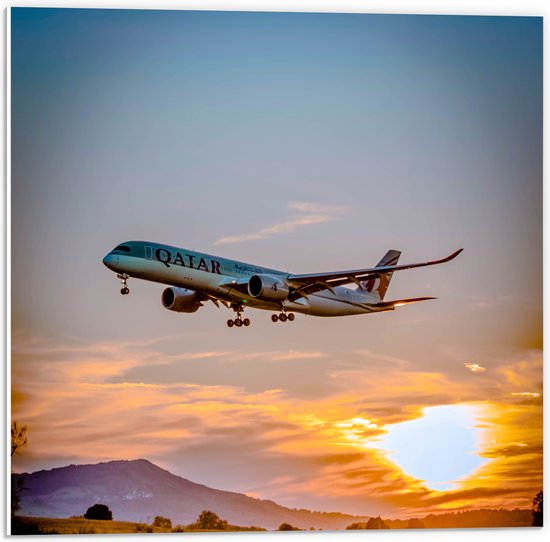 WallClassics - Plaque de Mousse PVC - Avion Blauw Volant à Basse altitude avec Soleil - Photo 50x50 cm sur Plaque de Mousse PVC (Avec Système d'accrochage)