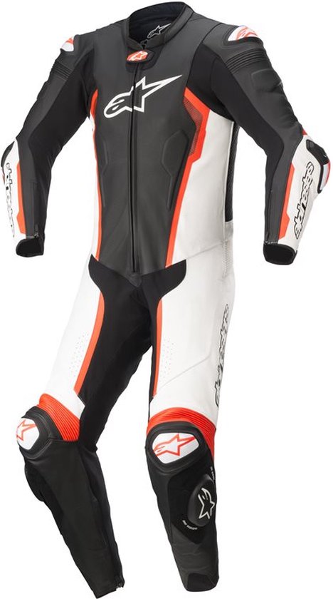 Combinaison de course Alpinestars noire, blanche et rouge avec logos sur les épaules, la poitrine et les genoux.