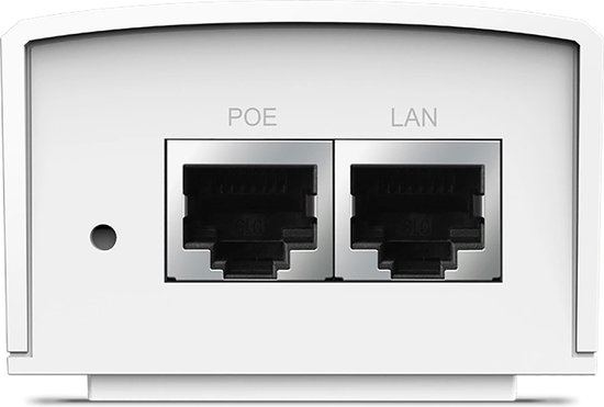 Witte TP-Link voedingsadapter met POE en LAN ethernetpoorten.