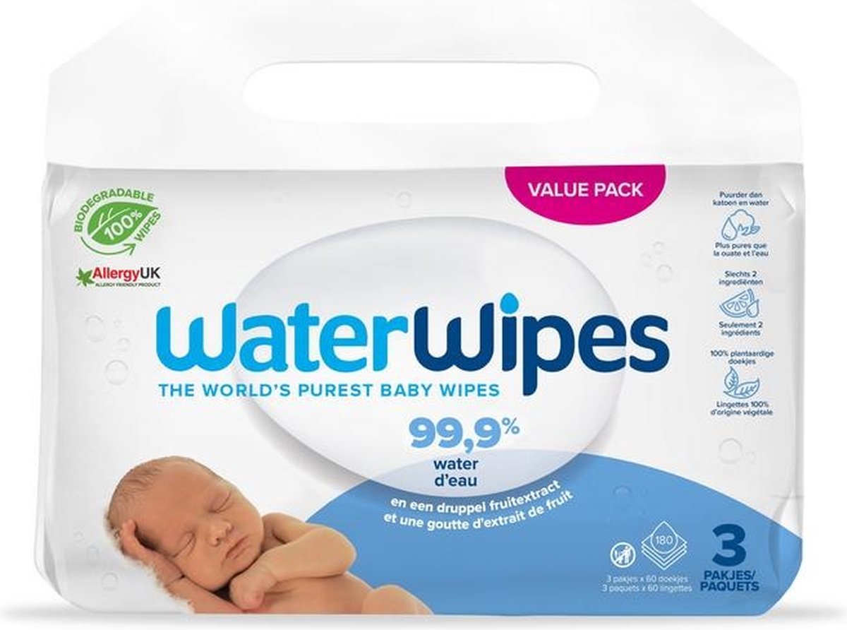 Goedkoopste WaterWipes - Billendoekjes - Gevoelige huid - 3 x 60 stuks - Plasticvrij
