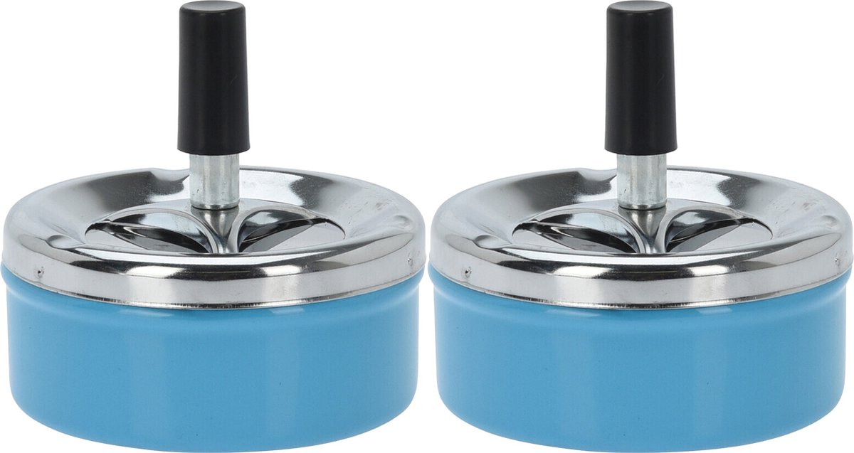 Goedkoopste Set van 2x stuks ronde draaiasbak/drukasbak metaal 10 cm blauw voor binnen/buiten