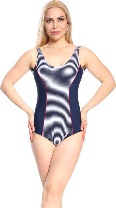 Badpak- Vrouwen grote maat badpak- Nieuwe collectie corrigerend zwempak- Meisjes badmode 773- Blauw met wit,rood streep details- Maat 48