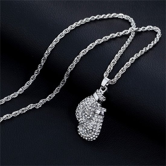 Boks Handschoen Ketting met Hanger Zilver Kleurig met Diamantjes (Zirkonia) - Kettingen Heren Dames - Valentijnsdag - Valentijn Cadeautje voor Hem