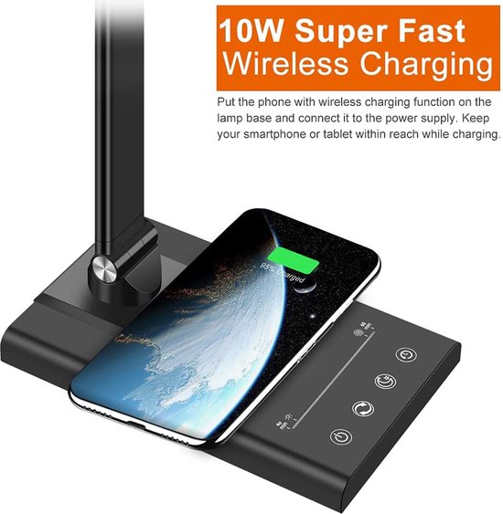 Fuegobird EK010 LED Bureaulamp - Bedrade - Draadloos Opladen Voor Telefoon - Dimbaar - Opvouwbaar - Smart Touch - 10W snel opladen - Qi Technologie - Zwart（met adapter） van fuegobird — afbeelding 5