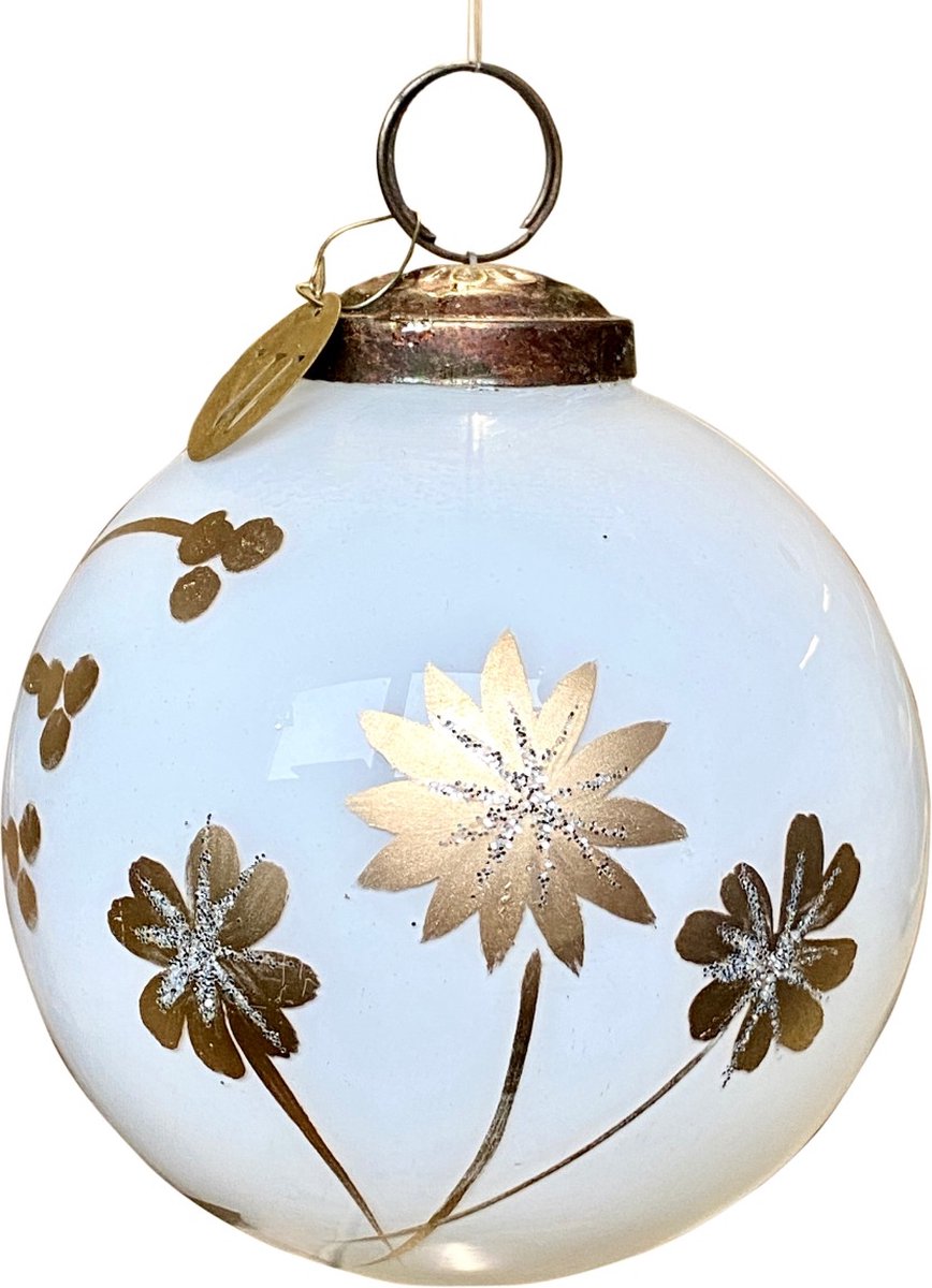 Kerstbal wit bloemmotief
