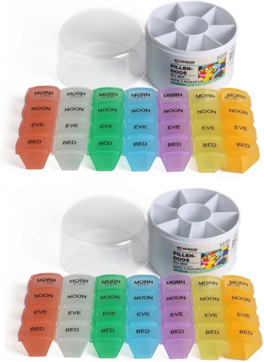 2x stuks benson medicijnen dozen/pillendozen gekleurd 28-vaks - Geneesmiddelen bewaar box