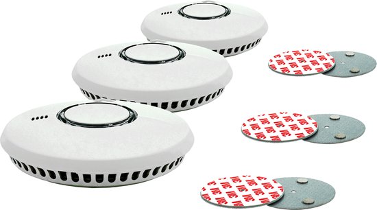 Set van 3 witte FireAngel rookmelders met zwarte ring en 3 montagesets.