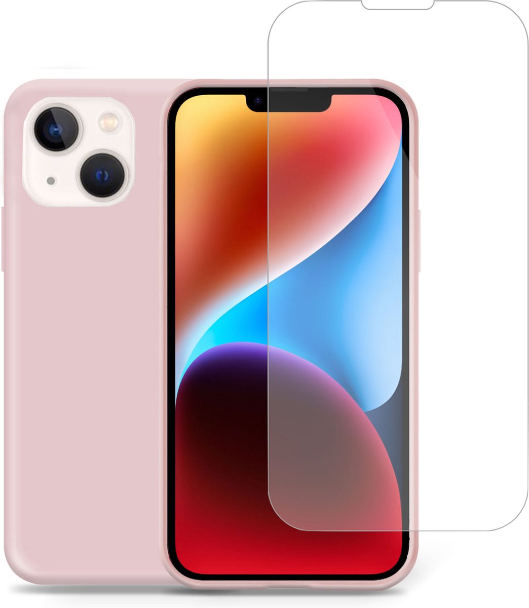 Geschikt voor iPhone 14 Hoesje + Screenprotector – Gehard Glas Cover - Suède Case Rose