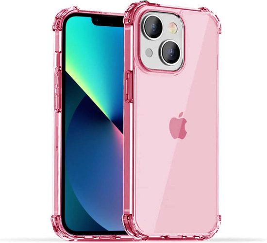 Transparant lichtroze iPhone 13 Mini hoesje met stootrand en Apple logo.