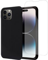 Hoesje geschikt voor iPhone 14 Pro + Screenprotector – Tempered Glass - Liquid Back Case Cover Zwart