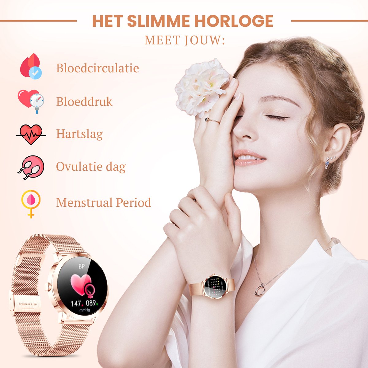 Golden Sound Smartwatch Smartwatch Dames 3 extra bandjes Geschikt voor IOS,... bol