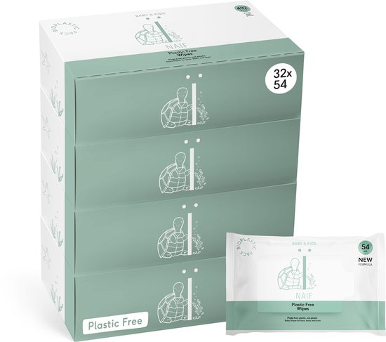 Naïf Plasticvrije Billendoekjes - Voordeelverpakking - Babyverzorging - 32 stuks x 54 doekjes - met Natuurlijke Ingrediënten