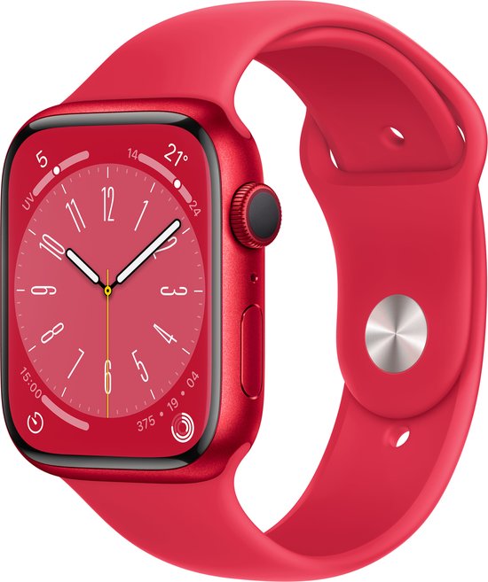 Rode Apple Watch Series 8 met rode band, gesp en zilveren digitale kroon. Het rode scherm toont de tijd en temperatuur.