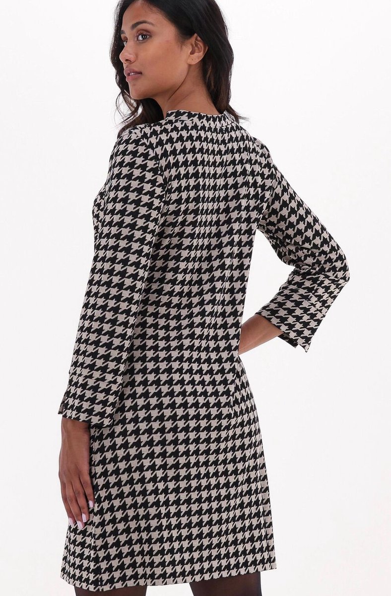 Ana Alcazar Houndstooth Flute Sleeve High Neck Dress Brown/grey