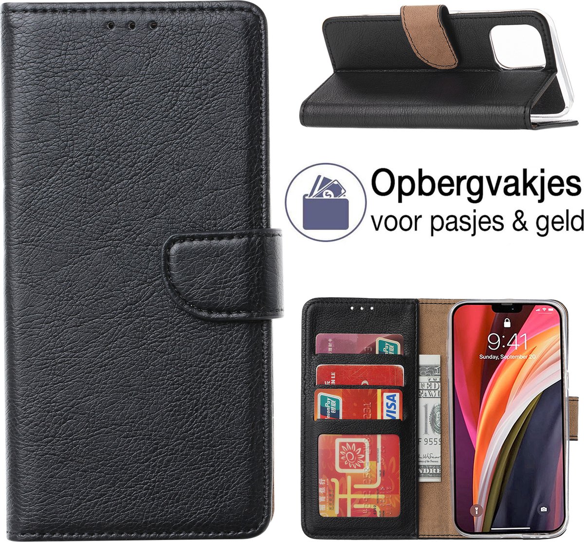 iPhone 14 Plus Book Case - Portemonnee hoesje - PU Lederen hoes - iPhone 14 Plus wallet case met multi-stand functie - Zwart - EPICMOBILE