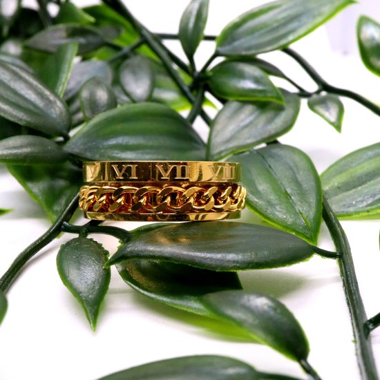 Gouden ring met schakelketting detail en Romeinse cijfers, omringd door groene bladeren.