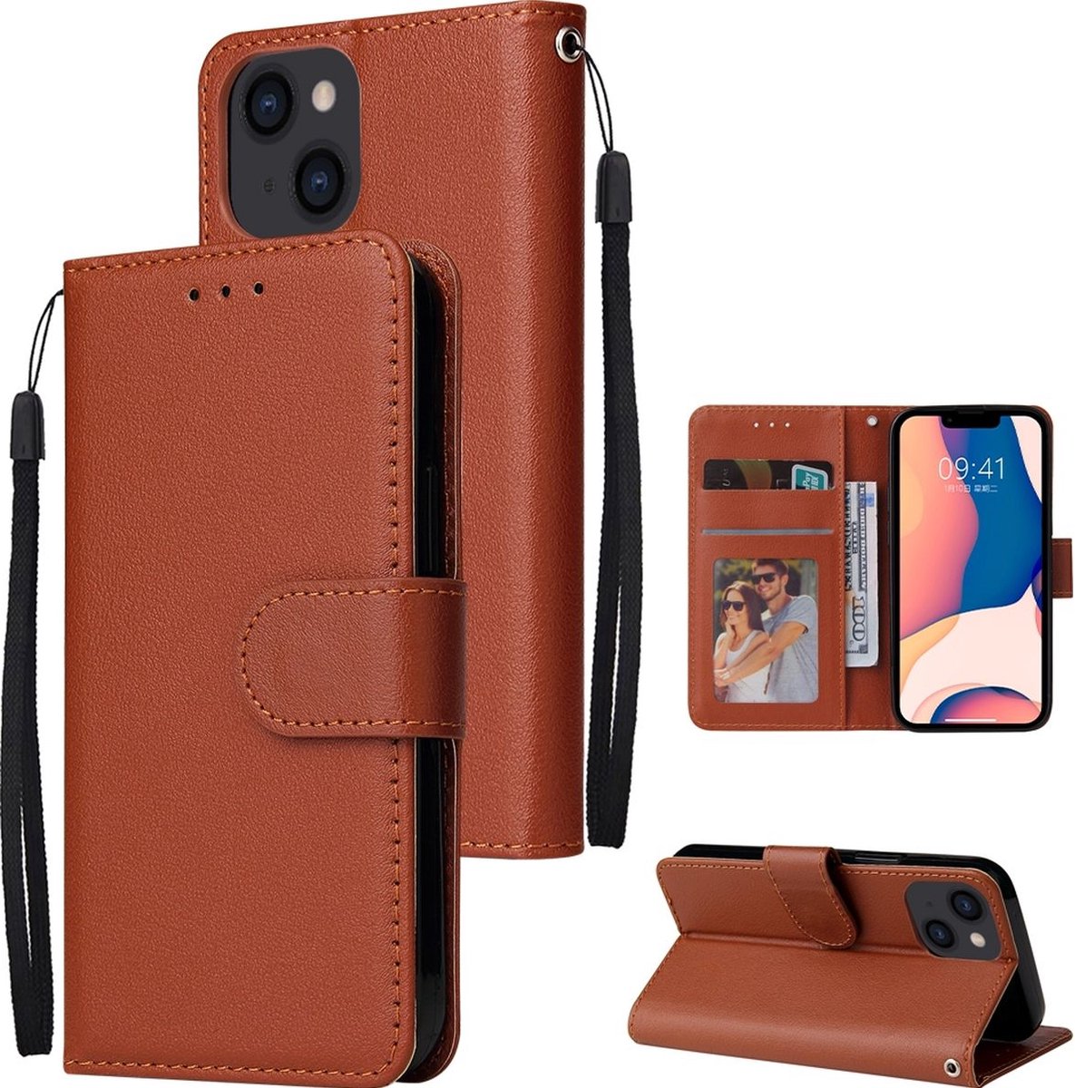 Mobigear Telefoonhoesje geschikt voor Apple iPhone 14 Hoesje | Mobigear Wallet Bookcase Portemonnee | Pasjeshouder voor 2 Pasjes | Telefoonhoesje voor Pinpas / OV Kaart / Rijbewijs - Bruin