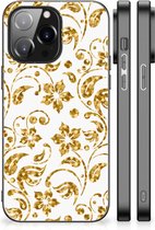 Back Cover Siliconen Hoesje iPhone 14 Pro Max Telefoonhoesje met Zwarte rand Gouden Bloemen