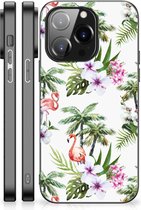 Doorzichtig Hoesje iPhone 14 Pro GSM Hoesje met Zwarte rand Flamingo Palms