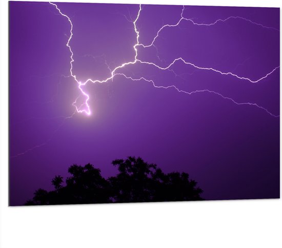 WallClassics - Dibond - Lightning in Purple Sky Above Tree - Photo 100x75 cm sur Aluminium (Avec Système d'accrochage)
