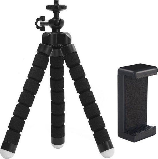 Zwart flexibel mini-statief met schuimrubber poten en een losse telefoonhouder.