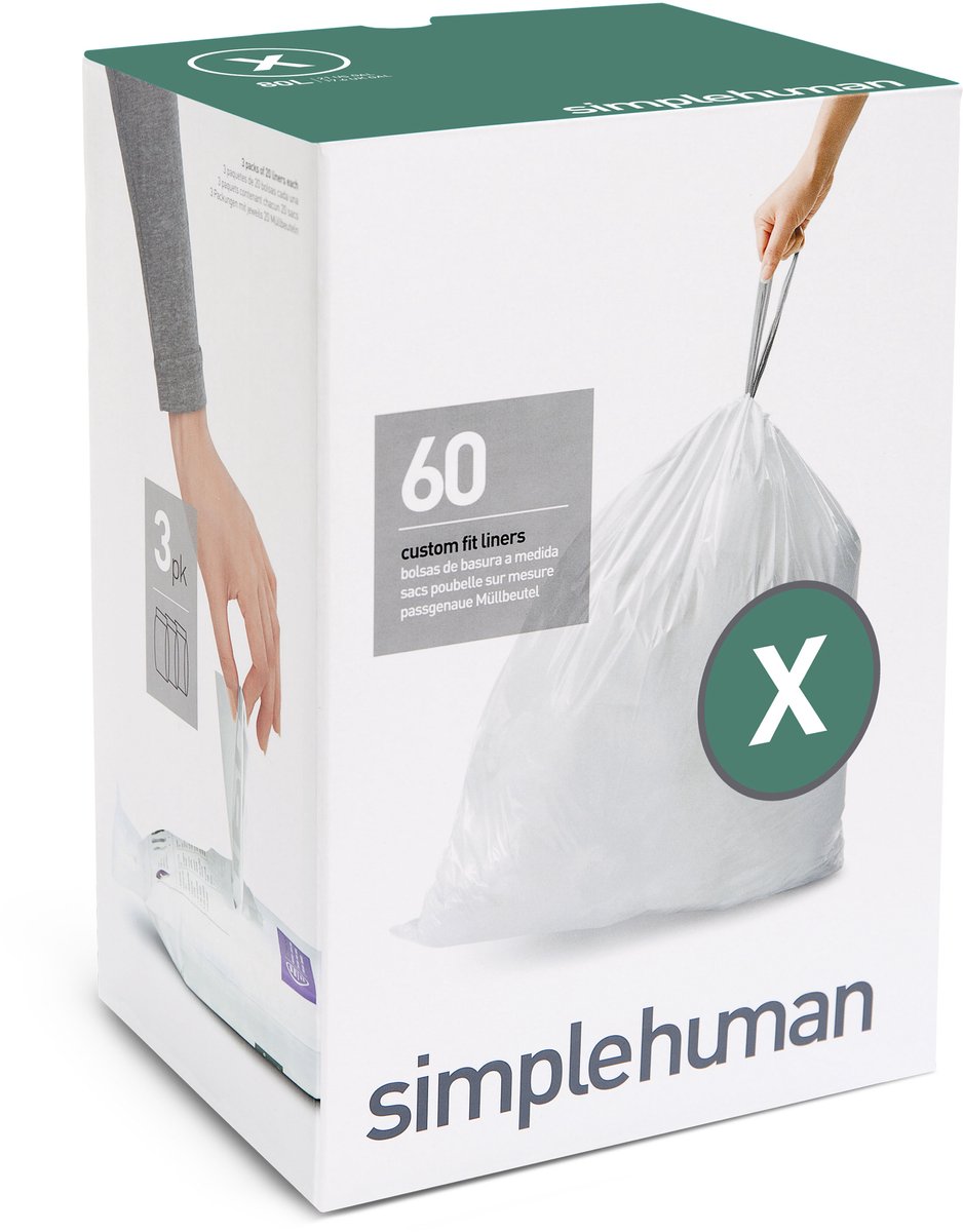 Simplehuman Code X Afvalzakken - 80 liter - 60 stuks - met Trekband - Wit