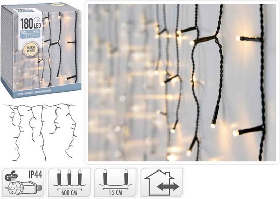 Kerstverlichting - IJspegel - Lichtgordijn - 6 meter - IJspegel - 180 LED's - Warm wit - voor binnen & buiten - Merkloos