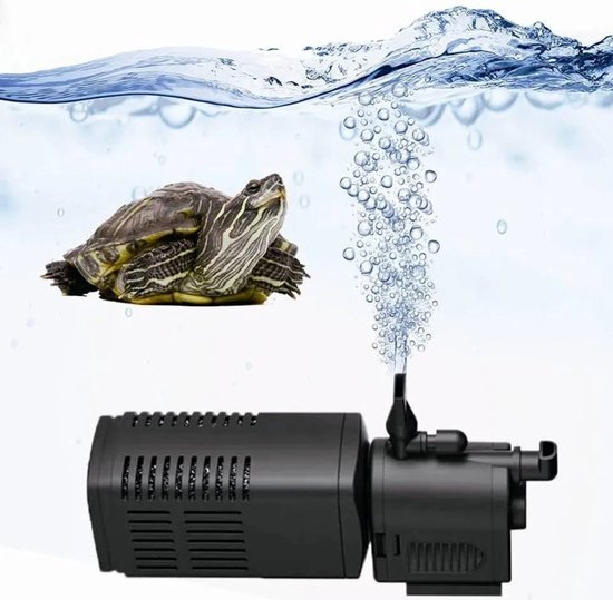 Zwarte aquarium filterpomp met luchtbellen, onder een schildpad in water.