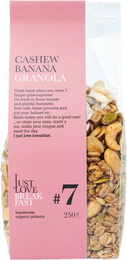 Cashew banaan granola, 250g. Handmade biologische granola met cashewnoten, bananenstukjes en pompoenpitten.