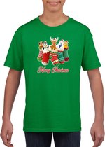 Kerst t-shirt / shirt kids - Merry Christmas dieren kerstsokken groen voor kinderen - kerstkleding / christmas outfit 110/116