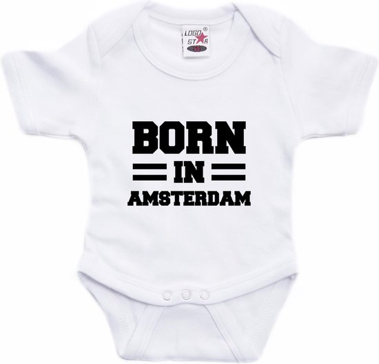 Born in Amsterdam tekst baby rompertje wit jongens en meisjes - Kraamcadeau - Amsterdam geboren cadeau 56
