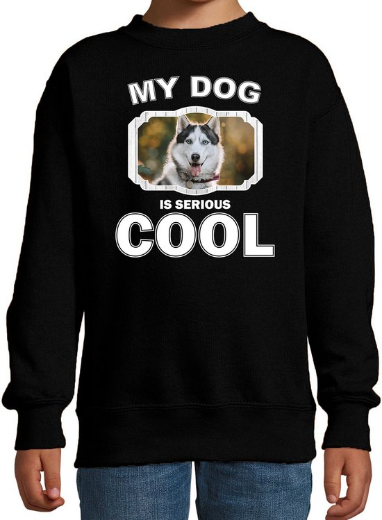 Husky honden trui / sweater my dog is serious cool zwart - kinderen - Siberische huskys liefhebber cadeau sweaters - kinderkleding / kleding 134/146