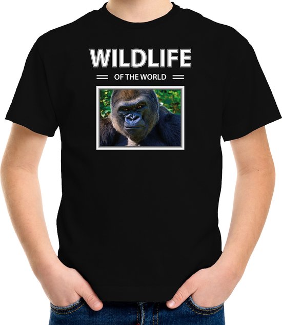 Dieren foto t-shirt Aap - zwart - kinderen - wildlife of the world - cadeau shirt Gorilla apen liefhebber - kinderkleding / kleding 146/152