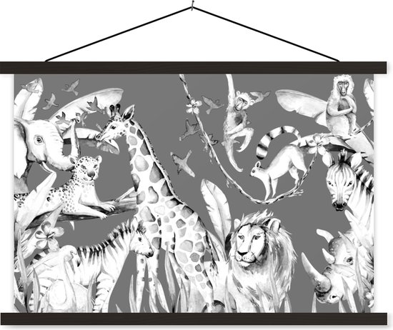 Porte-affiche avec affiche - Affiche scolaire - Groupe aquarelle d'animaux de la jungle sur fond gris - noir et blanc - 150x100 cm - Lattes noires