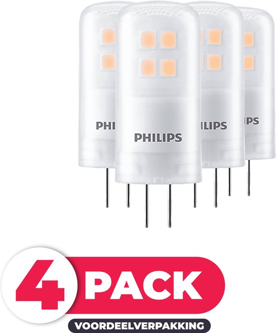 Vier Philips G4 LED lampen met warm wit licht en 2-pins aansluiting. "4 PACK VOORDEELVERPAKKING".