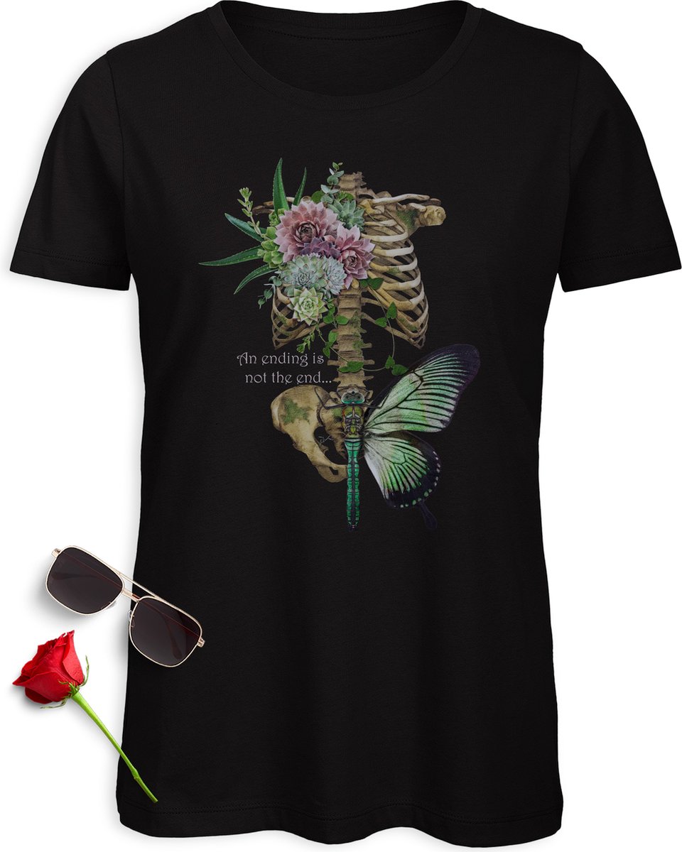 T Shirt Dames - Vlinder - Korte Mouw - Zwart - Maat L