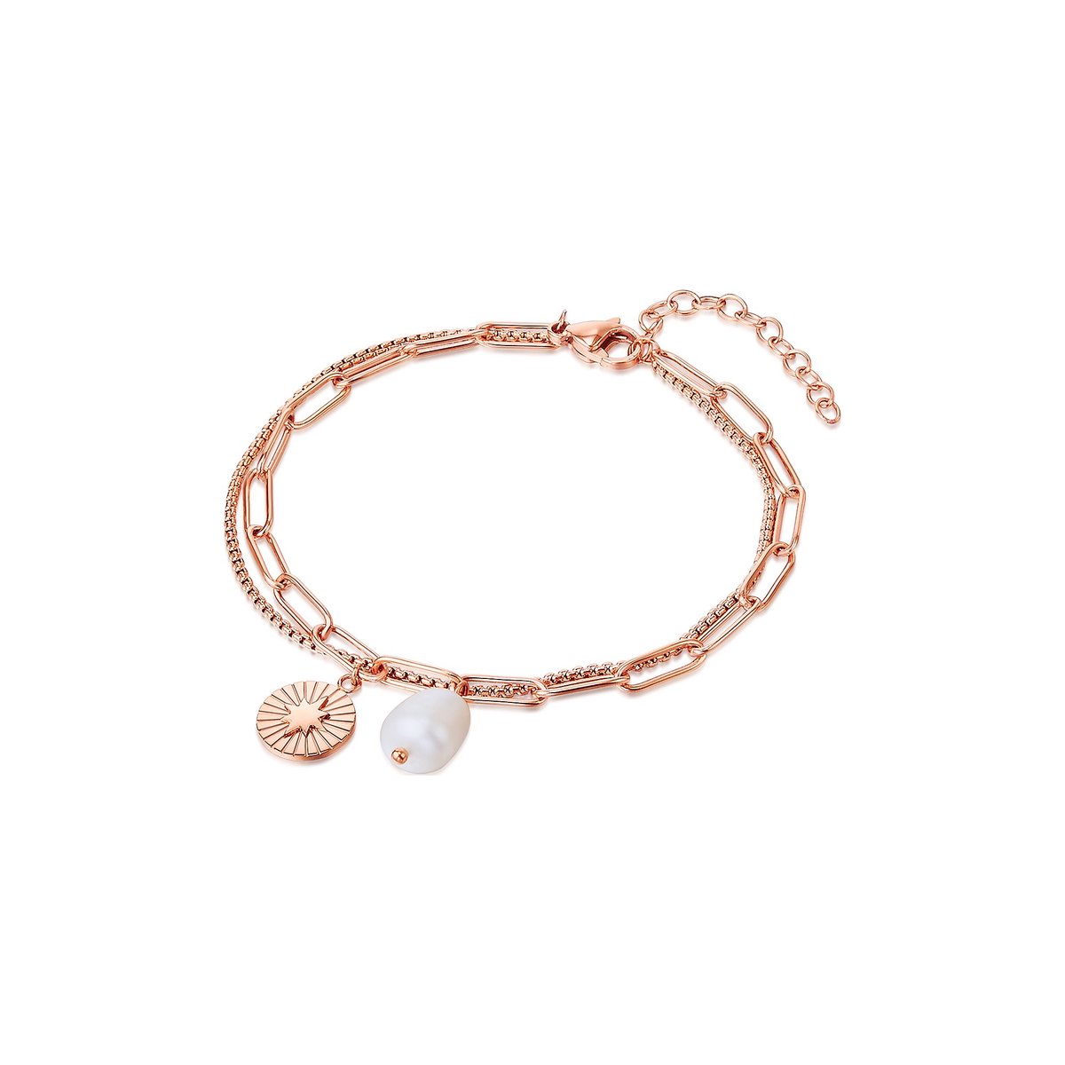 Valero Pearls Damesarmband Roestvrij staal zoet water Parel One Size Roségoud 32018612