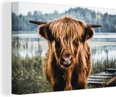 Canvas - Schotse hooglander - Dieren - Koe - Natuur - Water - Wanddecoratie - Schilderijen op canvas - Schilderijen woonkamer - 120x80 cm