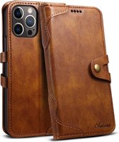 Mobiq - Vintage Lederen Wallet Hoesje iPhone 14 Pro - donkerbruin