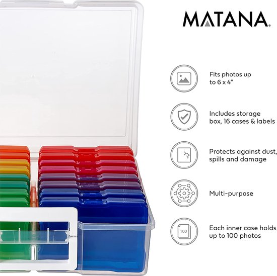 MATANA Foto en Knutsel Opbergdoos - Kleurgecodeerd Organizer met 16 Cassettes & Labels voor 1600 4R Foto's (10 x 15 cm) - Matana
