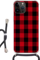 Geschikt voorApple Iphone 14 Pro Max - Crossbody Case - Plaid - Zwart - Rood - Siliconen - Crossbody - Backcover met Koord - Telefoonhoesje met koord - Hoesje met touw